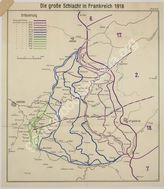 Akte 336. Schematische Kartenskizze: Die große Schlacht um Frankreich – Ausgangsstellung und bis zum 4. April 1918 erreichten Linien